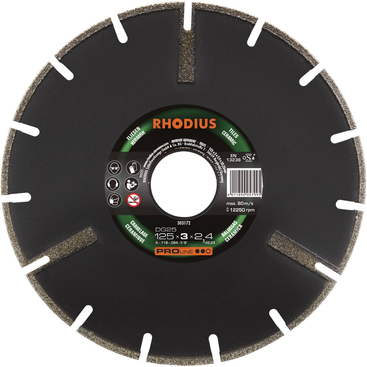 Disque à tronçonner 'RHODIUS Pro Line DG25' pour carrelage, diamètre 125 mm, hauteur 8 mm, vitesse max. 80 m/s, pour meuleuse d'angle ; noir avec segments argentés.