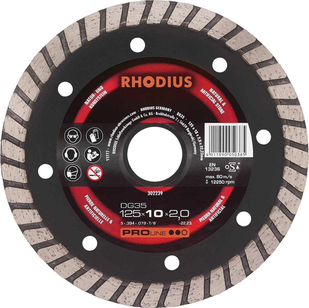Disque diamanté 'RHODIUS DG35', 125 mm. Adapté pour le travail de la pierre. Vitesse maximale 12 250 tr/min.
