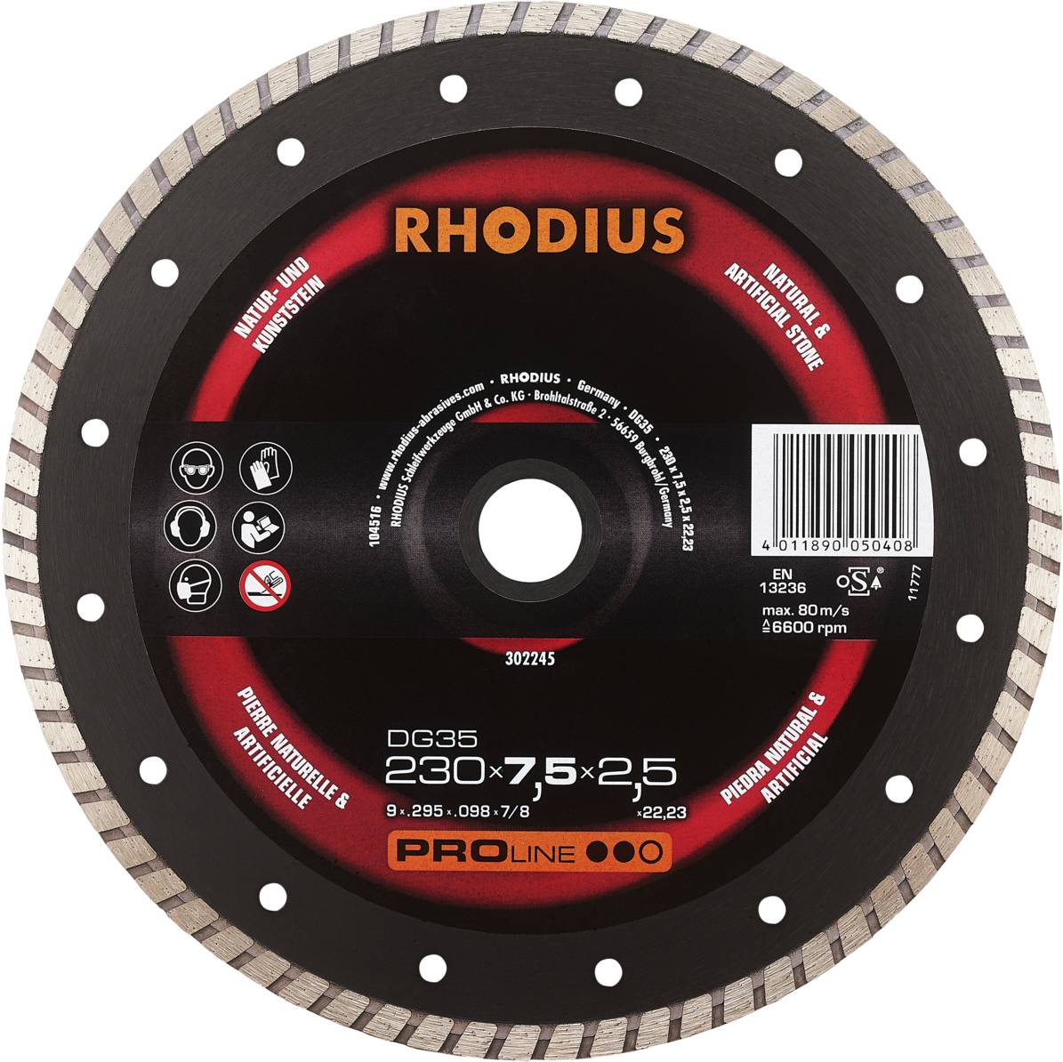 L'image représente un disque à tronçonner Rhodius, modèle DG35, aux dimensions 230 x 7,5 x 2,5 mm. Adapté pour la pierre naturelle et les roches dures.