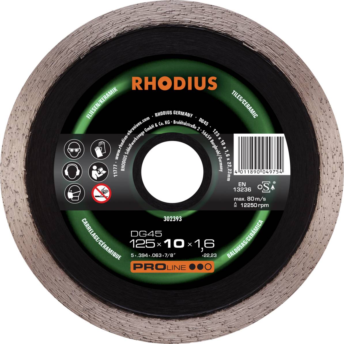 Disque de coupe 'RHODIUS', adapté aux carreaux, diamètre 125 mm, épaisseur 1,6 mm. L'impression indique les consignes de sécurité et d'utilisation.