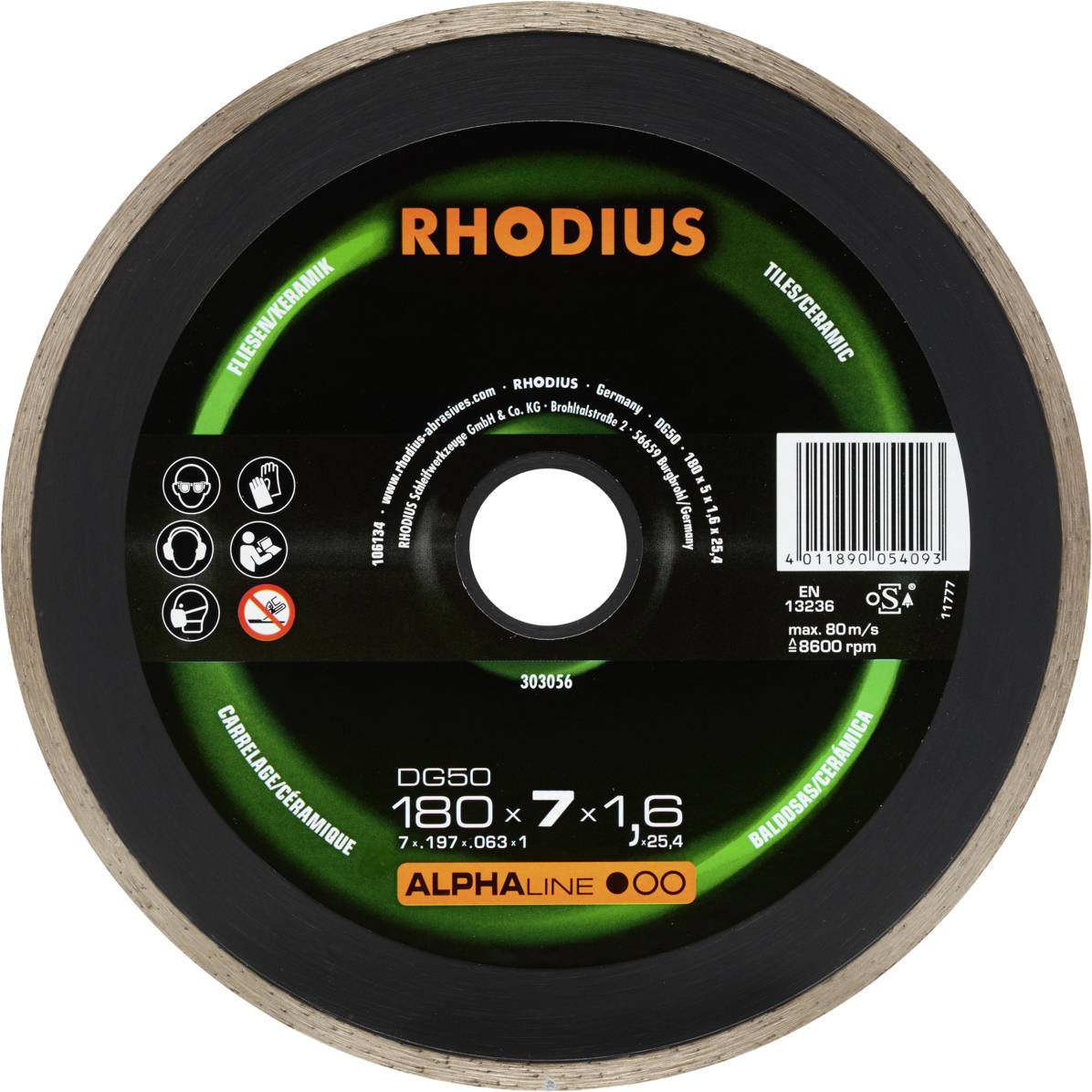 'RHODIUS' Inscription sur disque de coupe. Détails : 180x7x1,6mm, adapté pour carrelage/céramique. Symboles de mesures de protection et d'utilisation.