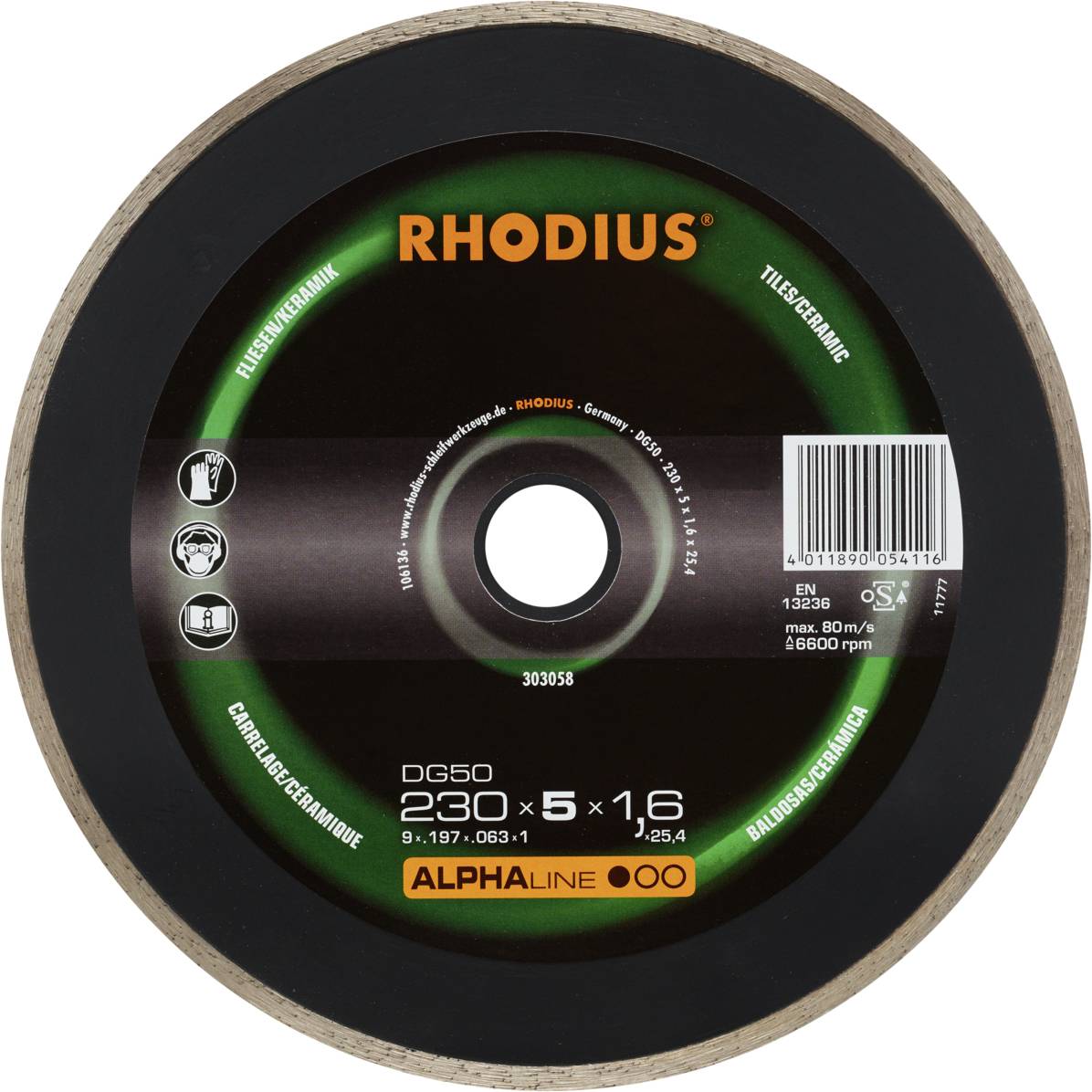 Disque à tronçonner RHODIUS, modèle DG50. Diamètre 230 mm, épaisseur 1,6 mm. Adapté pour carrelage/céramique.