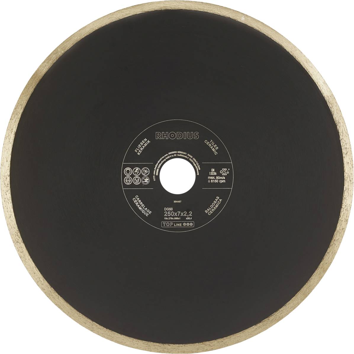 Une feuille abrasive noire et ronde avec une bordure dorée. Au centre, le nom de la marque et les spécifications techniques sont inscrits.