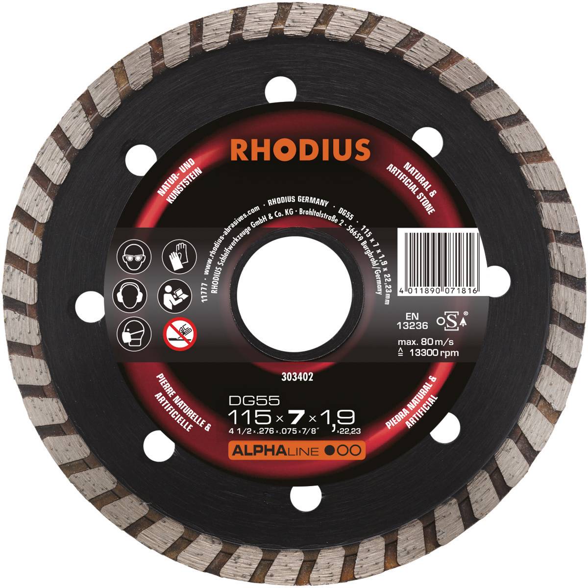 Disque de coupe diamanté portant l'inscription 'RHODIUS' et des spécifications techniques, incluant la taille 115 x 7 x 19, vitesse maximale 80 m/s.