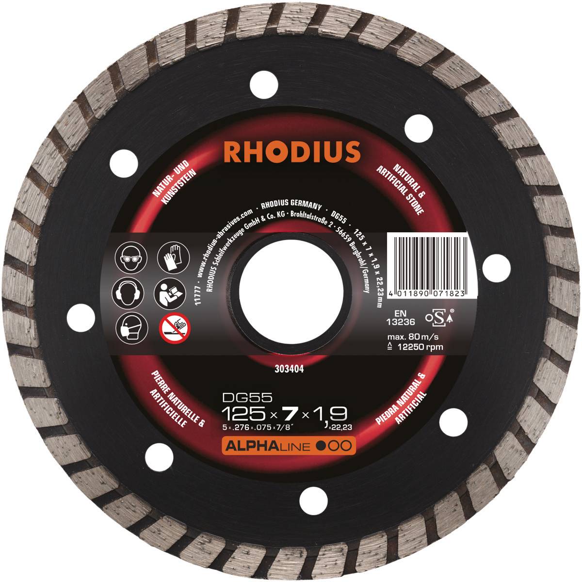 RHODIUS Disque de coupe diamanté DG55 pour différents matériaux, diamètre 125 mm, vitesse de rotation maximale 12250 tr/min, Fabriqué en Allemagne.