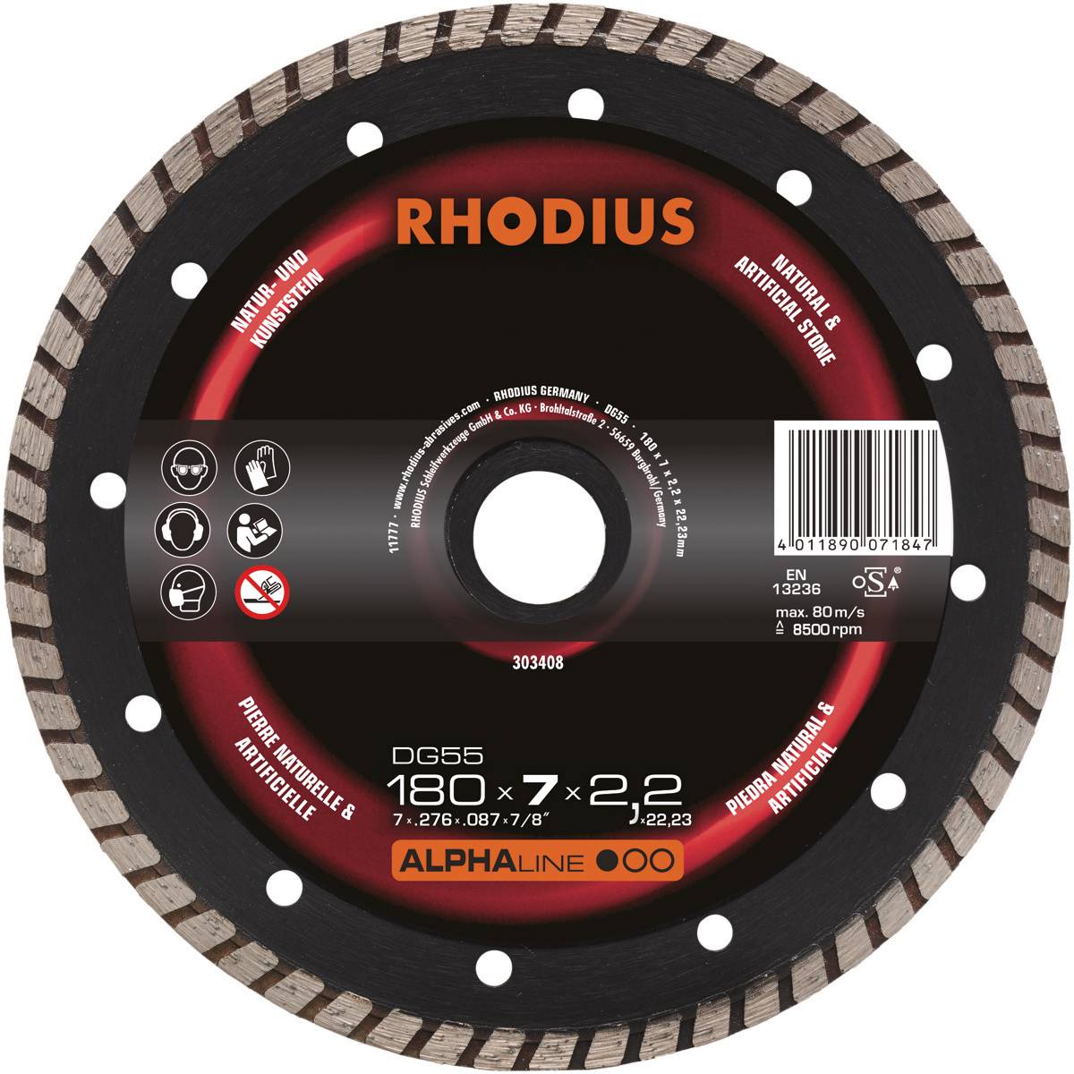 'RHODIUS DG55' Disque de coupe diamanté pour pierre naturelle et artificielle. Diamètre : 180 mm, alésage : 22,23 mm, épaisseur : 2,2 mm.