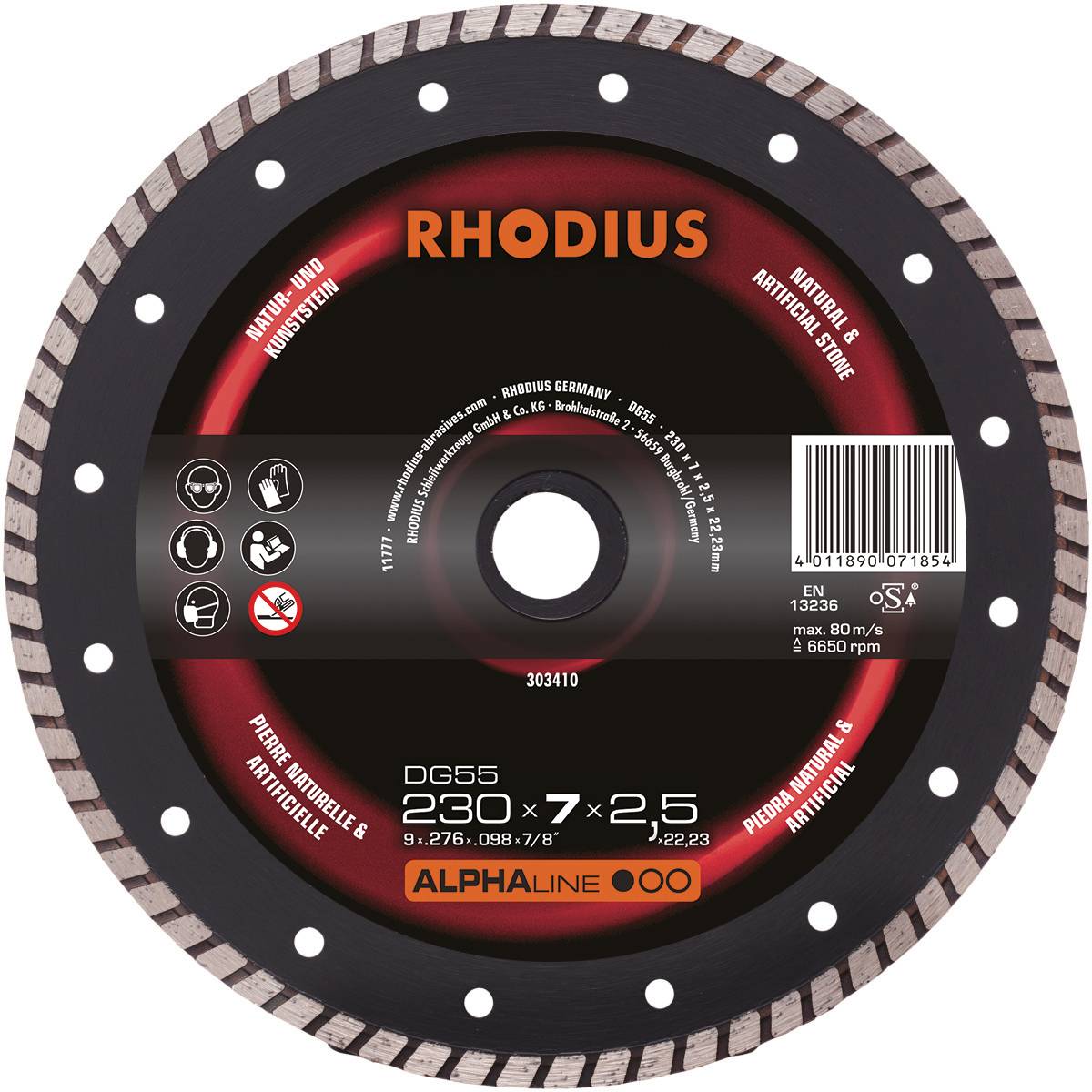 Disque à tronçonner 'RHODIUS' DG55, diamètre 230 mm, pour béton et pierre naturelle. Centre rouge avec spécifications techniques et logos.