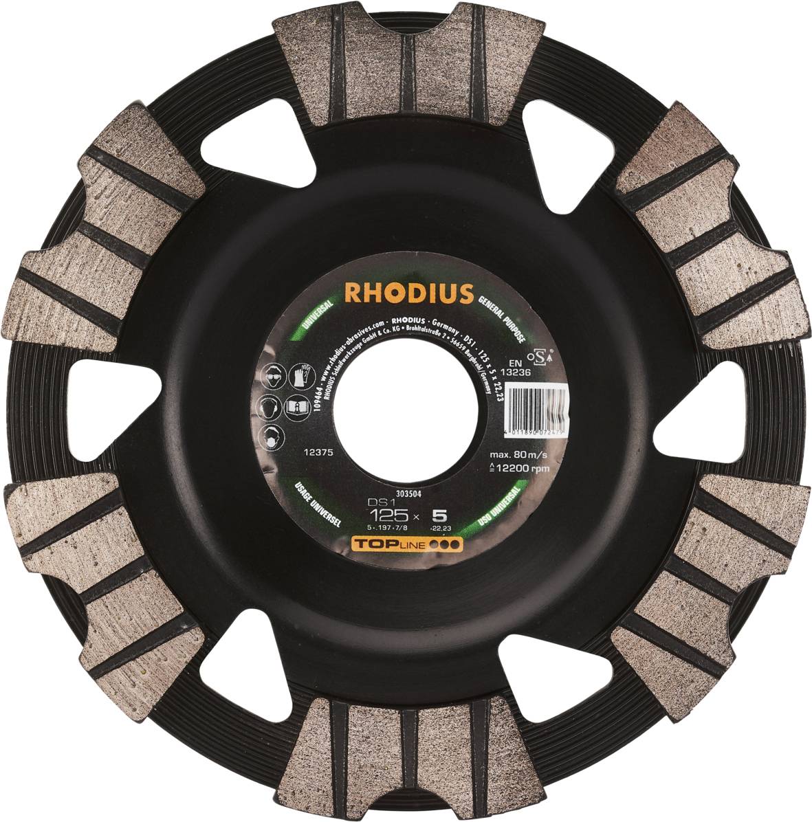 Un disque à tronçonner pour meuleuse d'angle portant l'inscription 'RHODIUS', diamètre 125 mm, adapté aux vitesses élevées.