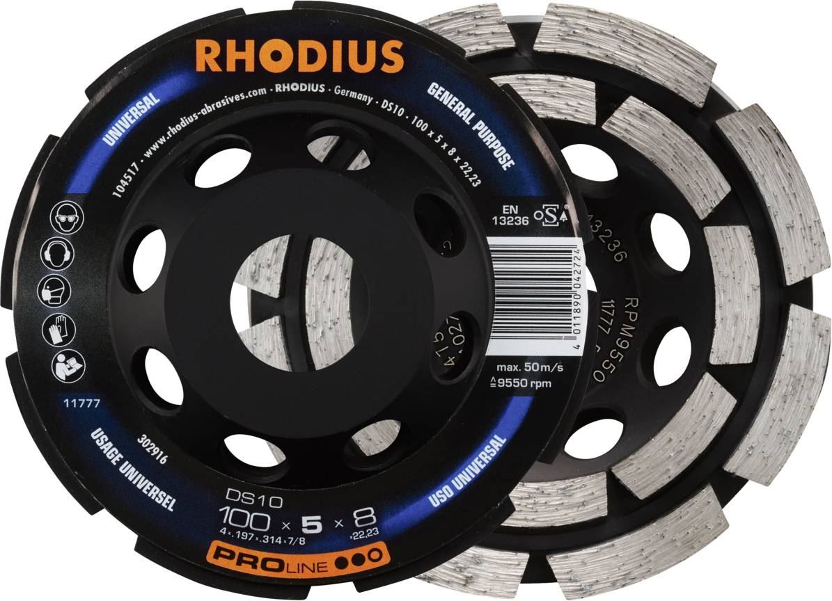 Disque de coupe diamanté 'Rhodius DS10', noir avec segments argentés, diamètre 100 mm, pour applications universelles.