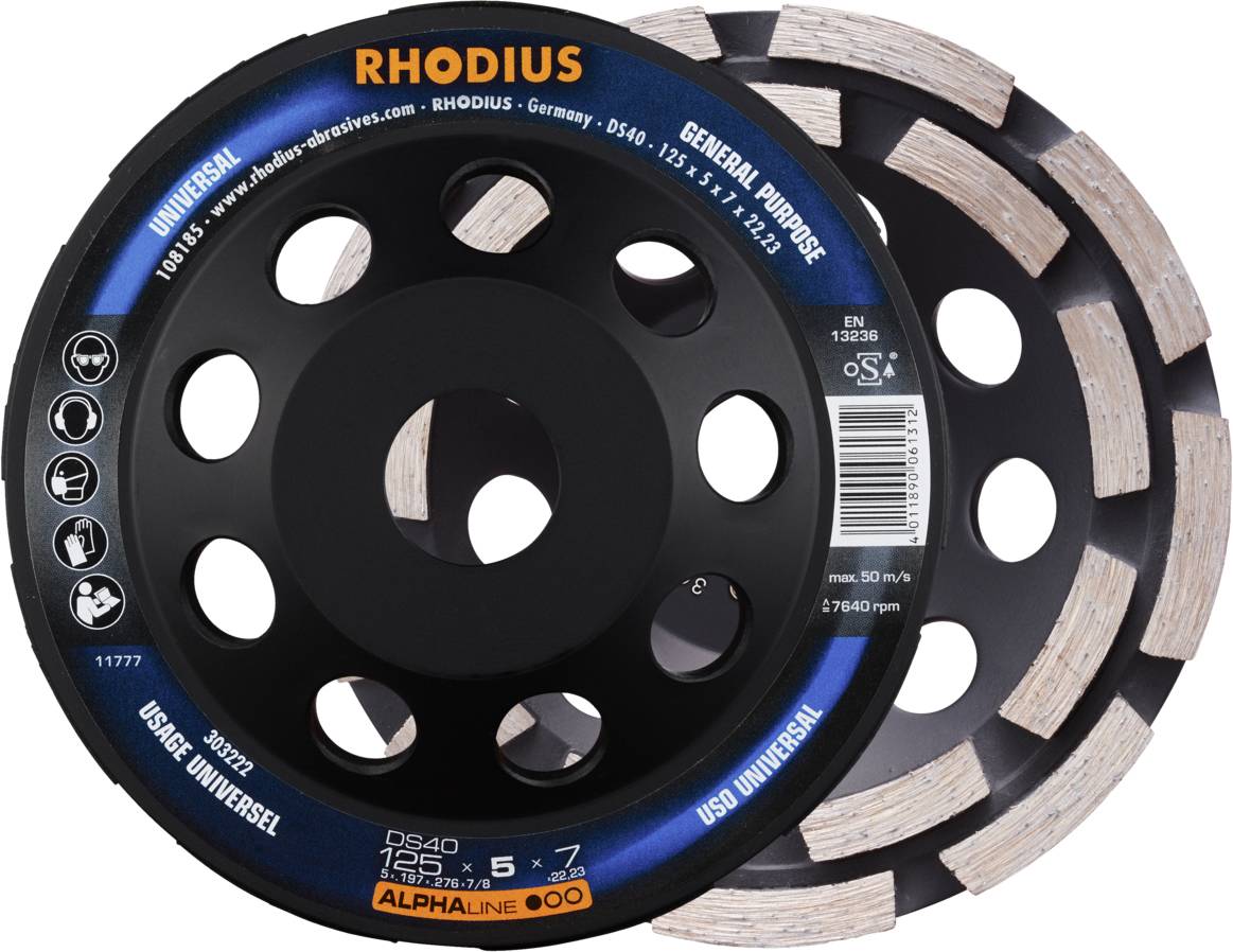 Disques de coupe diamantés 'RHODIUS', modèle DS40, pour applications générales, diamètre 125 mm, vitesse de rotation maximale 12 250 tr/min.