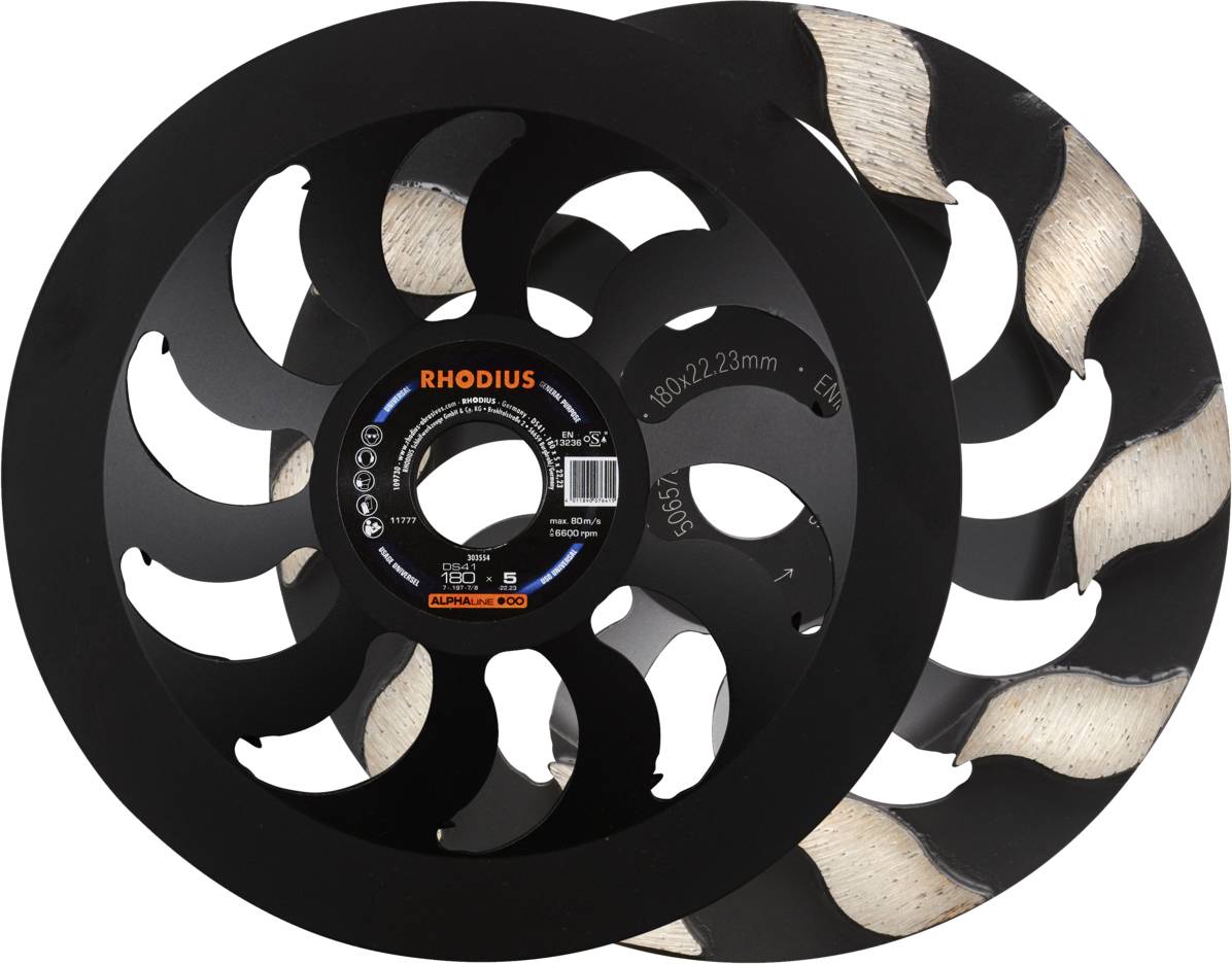 Deux meules noires avec des évidements spiralés et l'inscription 'RHODIUS', adaptées aux travaux de meulage de précision.
