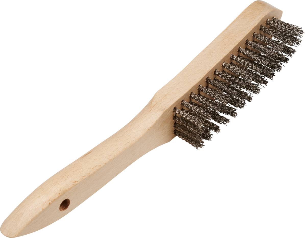 Une brosse métallique avec manche en bois, adaptée au nettoyage des surfaces métalliques et à l'élimination de la rouille.