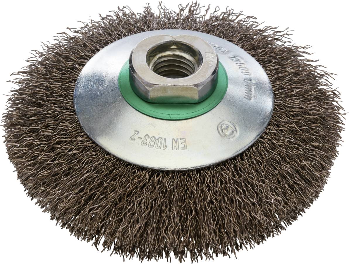 Brosse circulaire avec poils métalliques et écrou central de fixation. Adaptée pour le nettoyage et le ébavurage de surfaces.
