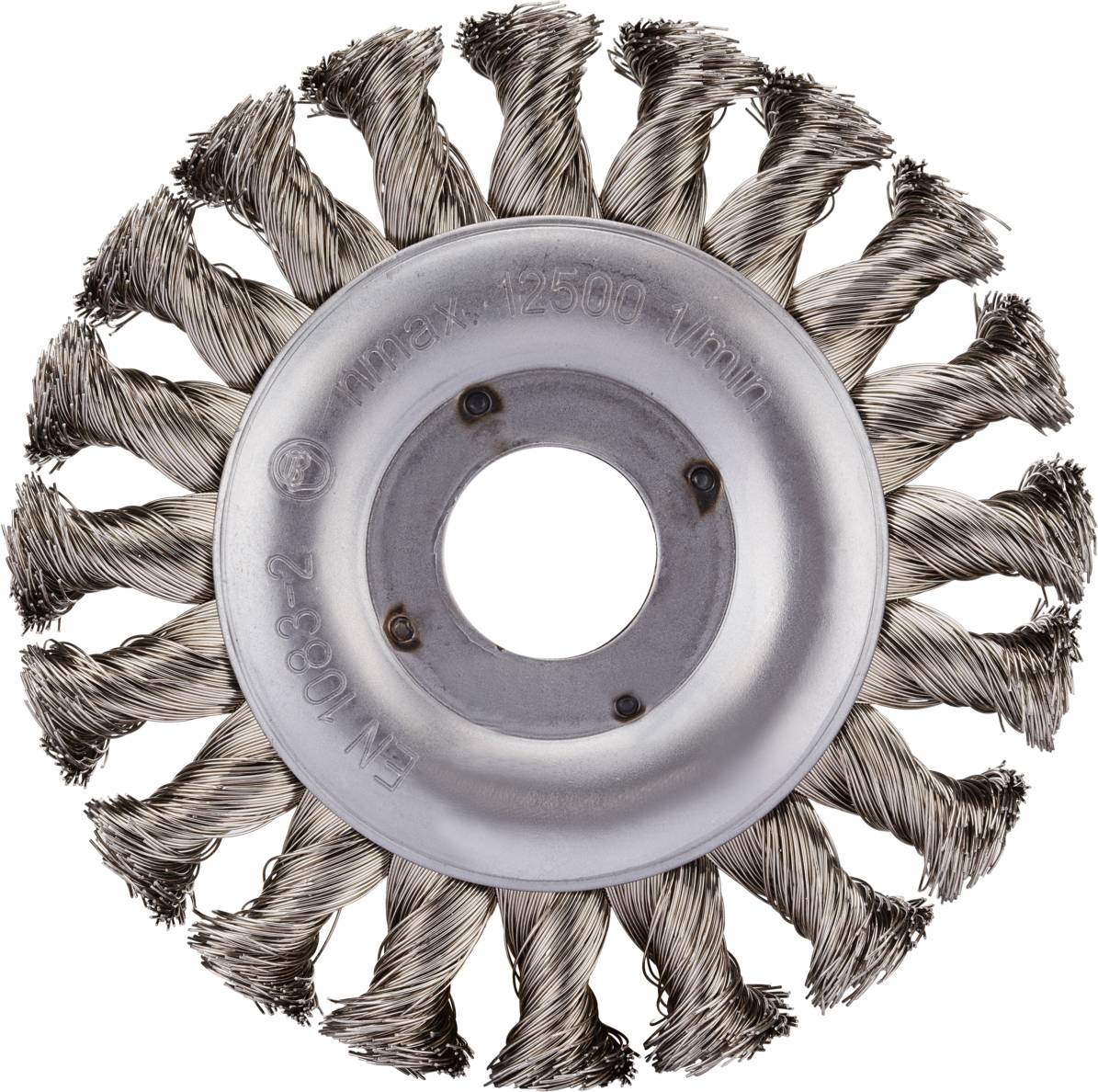 Brosse circulaire avec poils métalliques torsadés et support en métal. Adaptée aux travaux de nettoyage exigeants sur surfaces métalliques.