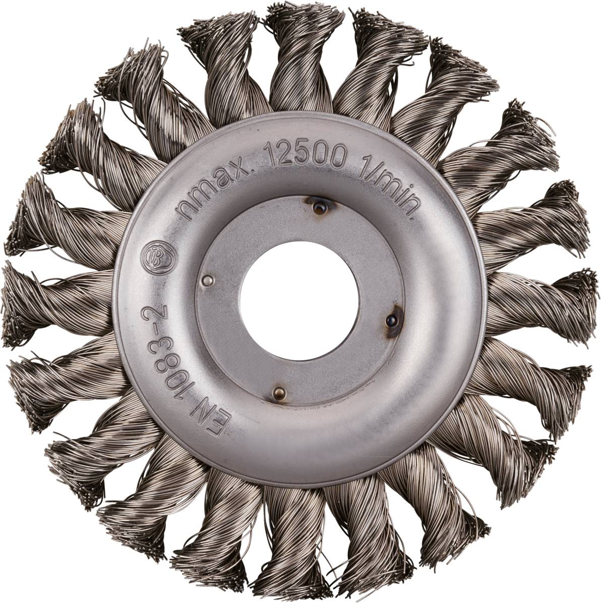 Brosse circulaire en métal avec des poils torsadés et l'inscription 'nmax. 12500 tr/min EN1083-2', pour des usages de nettoyage ou de meulage.