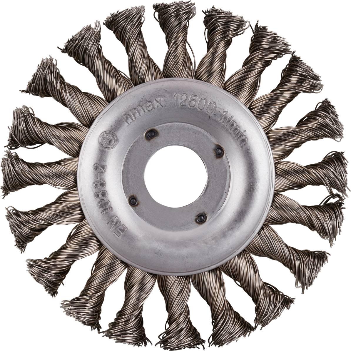 Brosse métallique circulaire en fil tressé. Utilisée typiquement dans le travail des métaux pour le nettoyage et le décapage de la rouille.