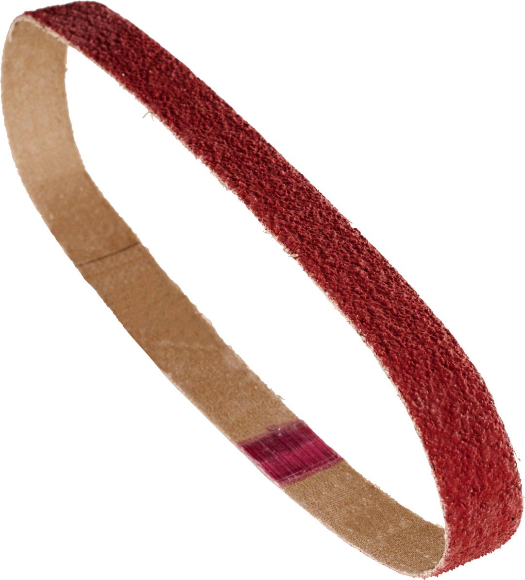 Bande abrasive rouge de forme ovale, composée de matériau abrasif et de support papier, utilisée pour le ponçage de surfaces.