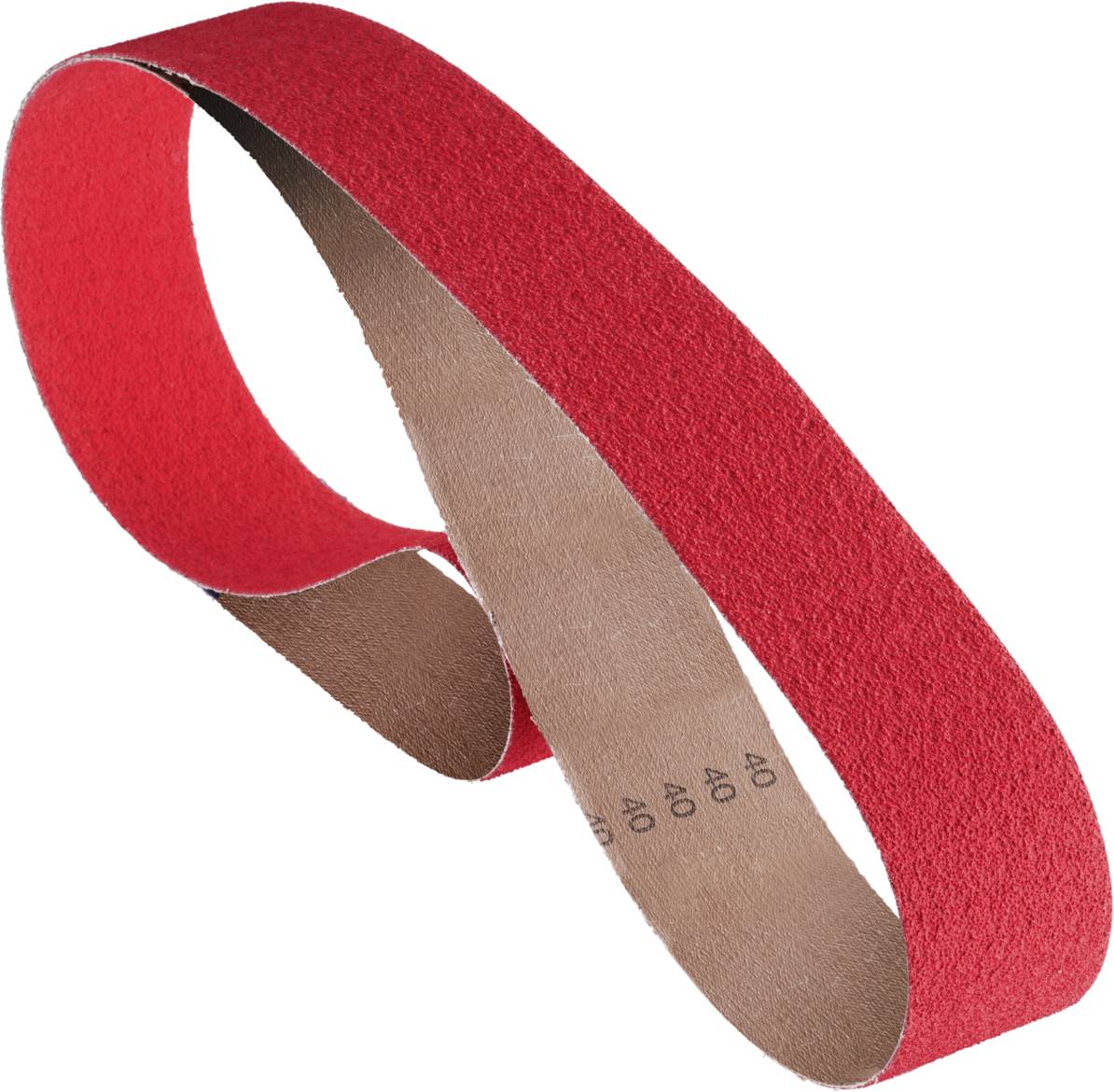 Un ruban de ponçage rouge, formé en une boucle ovale. La face intérieure est brune, portant le numéro de grain '40'.