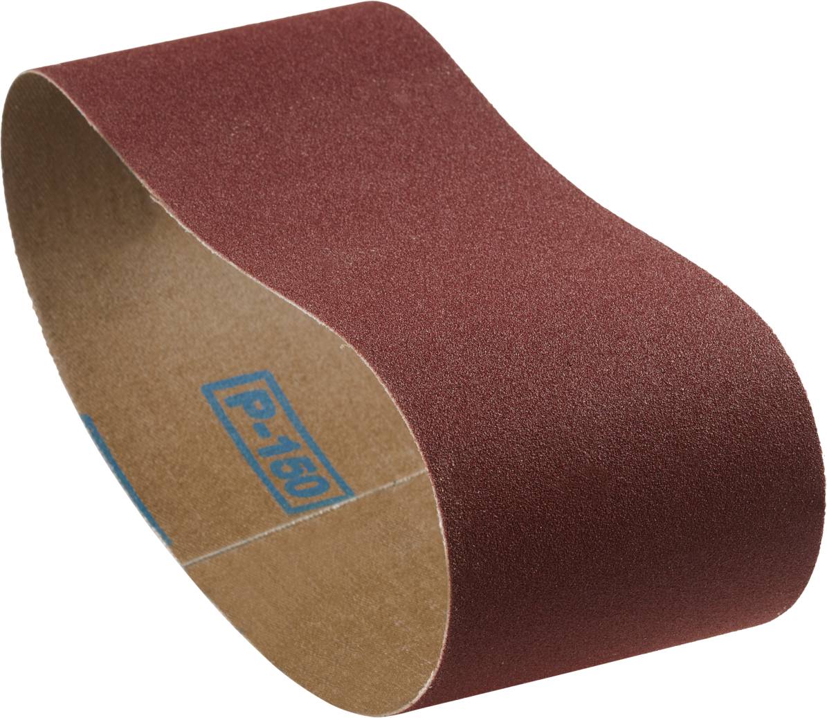 Un ruban de papier abrasif courbé portant l'inscription 'P-150' en bleu sur sa face intérieure. Adapté pour les travaux de ponçage.