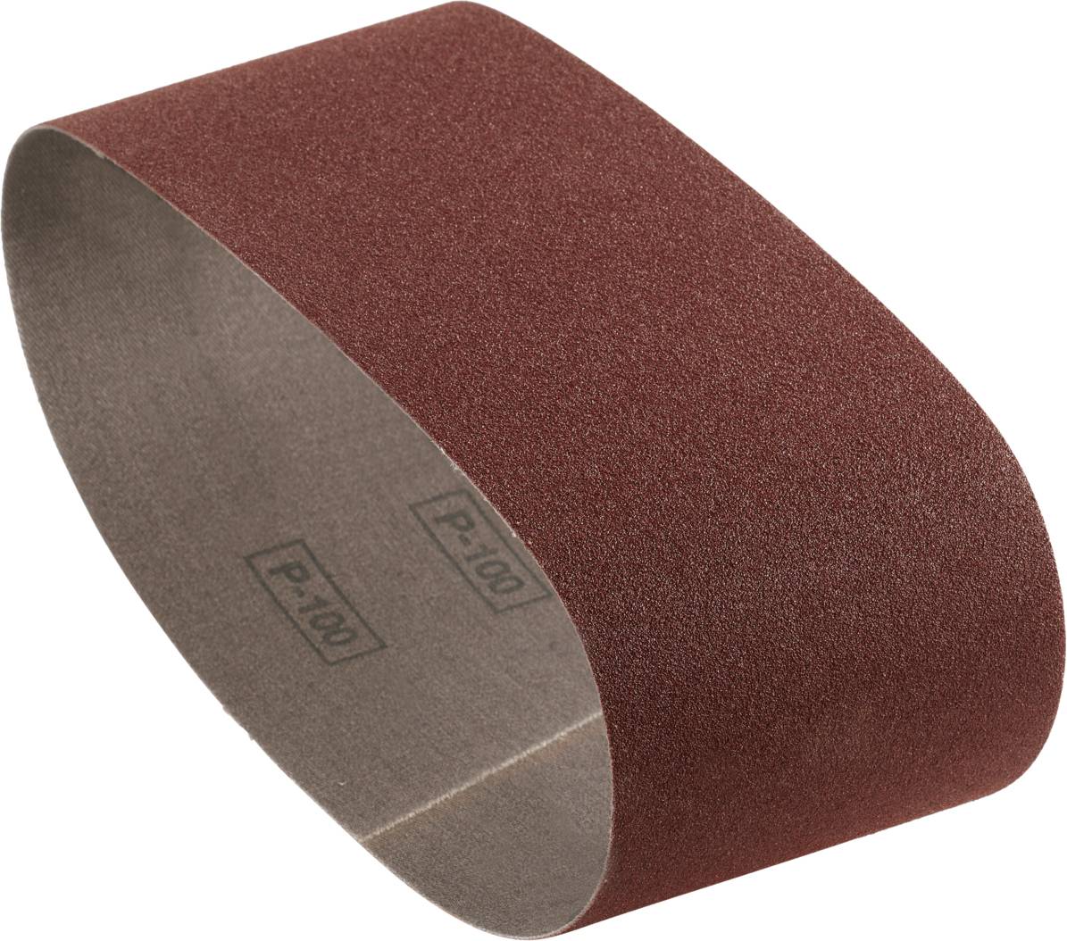 Un rouleau de bande abrasive marron avec un grain de 'P.100'. Il est lisse et incurvé, adapté pour les travaux de ponçage sur de grandes surfaces.