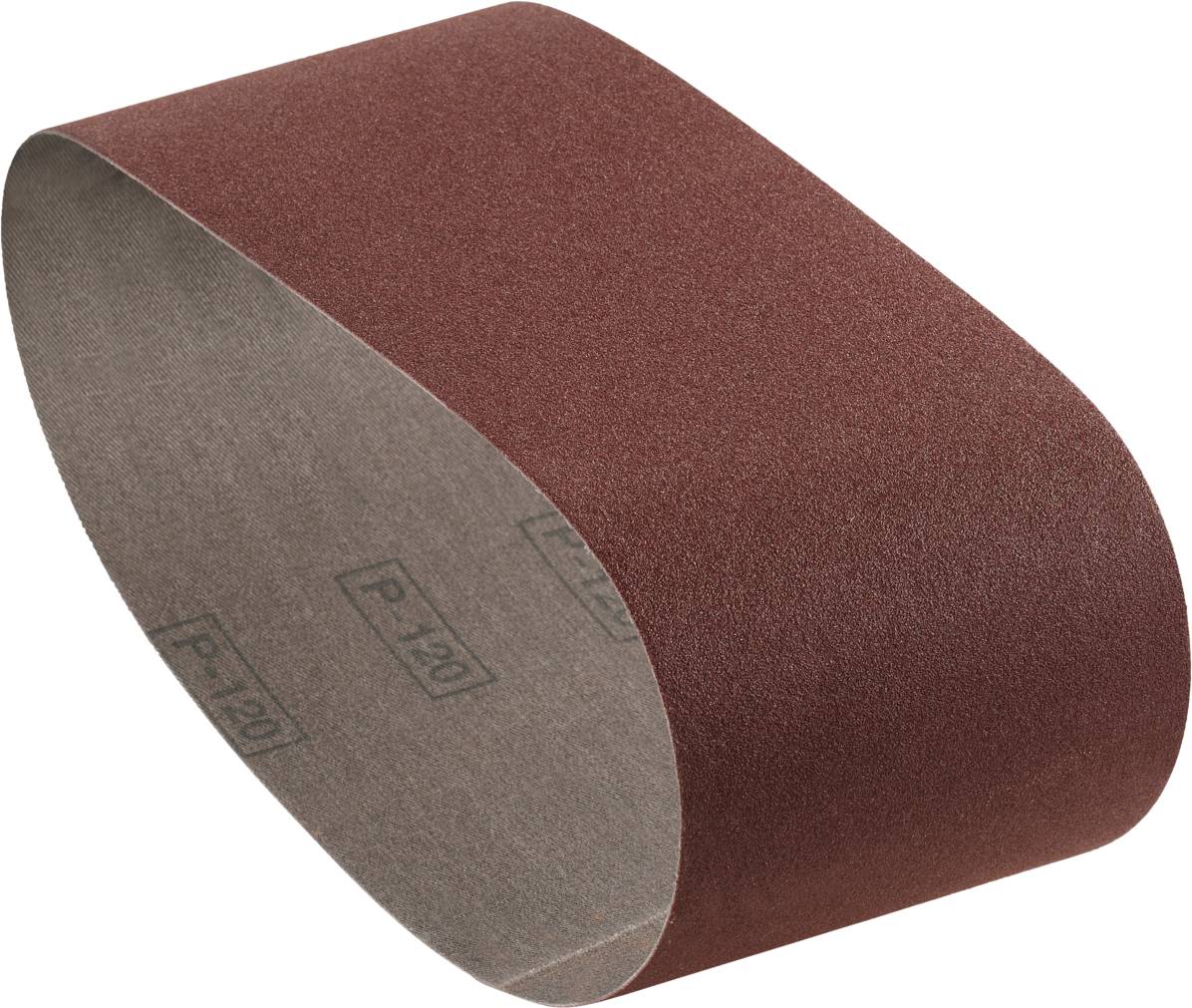 Une bande abrasive marron avec un grain P120, utilisée dans une machine à poncer.