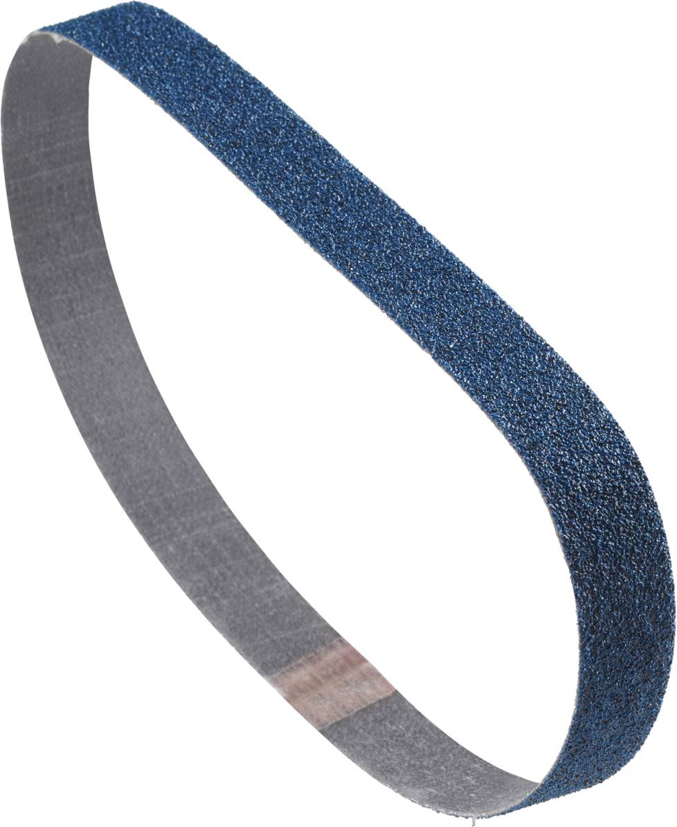 Une bande abrasive bleue, de forme ovale, à grain grossier, est utilisée pour les machines à poncer dans le traitement des matériaux.