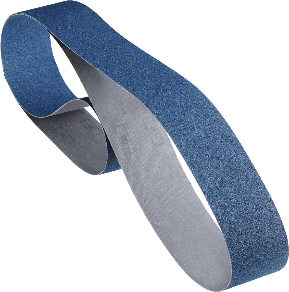 Ruban de ponçage bleu formant une boucle. La surface rugueuse est visible. Taille standard et adapté aux outils de ponçage manuels.