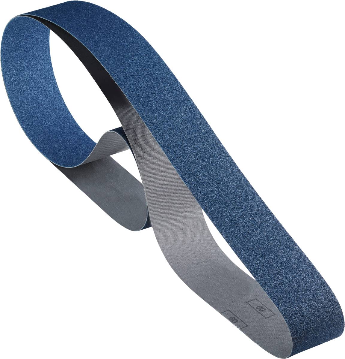 Un ruban abrasif bleu en forme de boucle, adapté pour un ponceuse à bande, présentant une surface abrasive rugueuse et un dos lisse.
