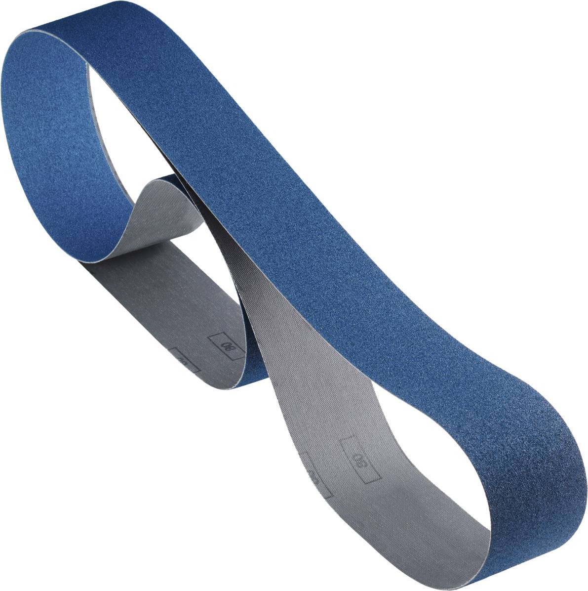 Bande abrasive sans fin en bleu, légèrement torsadée, utilisée pour des travaux de ponçage industriels. Offre des surfaces lisses lors du ponçage.