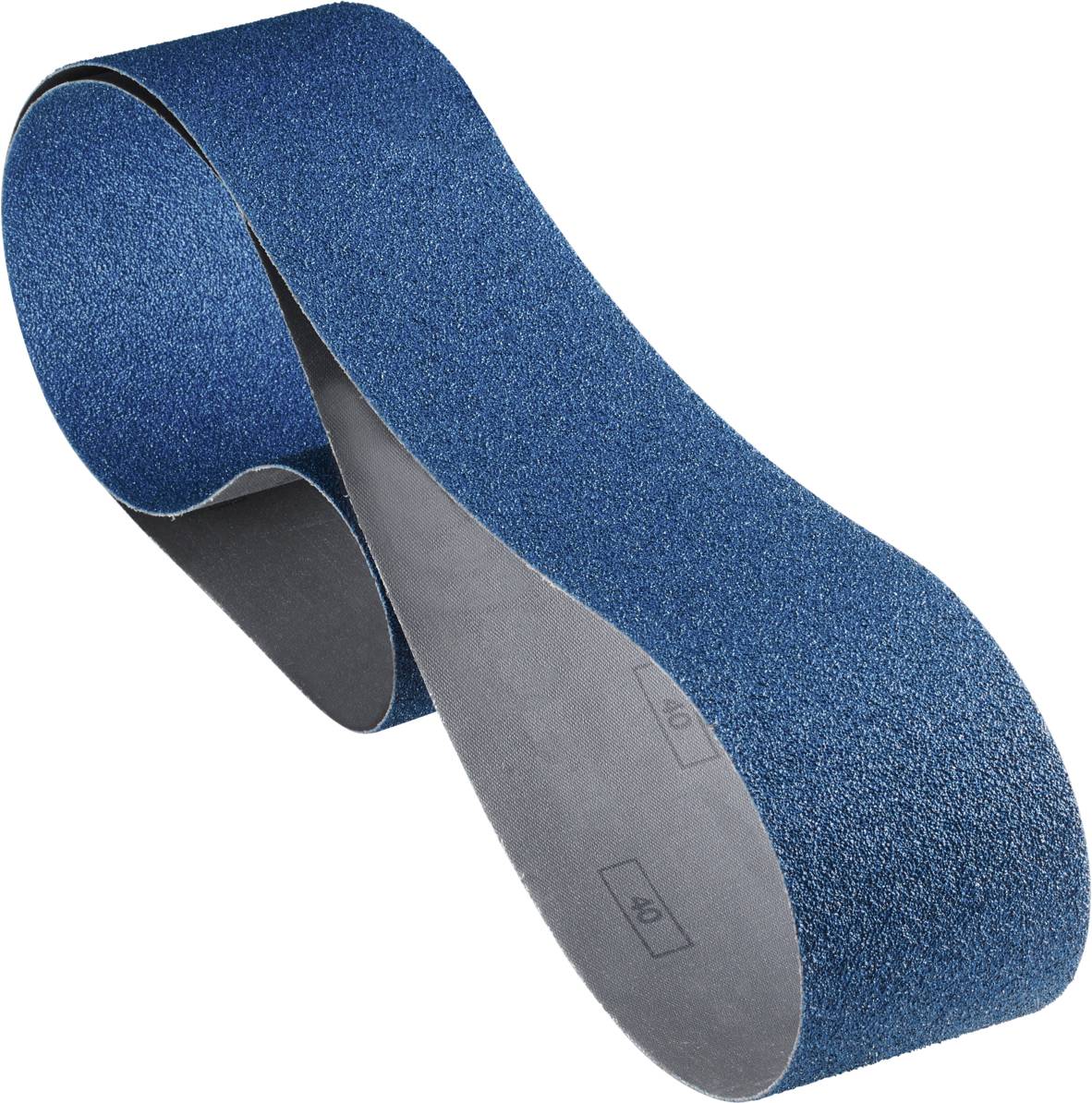 Bande abrasive en forme de boucle, matériau abrasif bleu sur l'extérieur pour le traitement des surfaces en bois ou en métal.