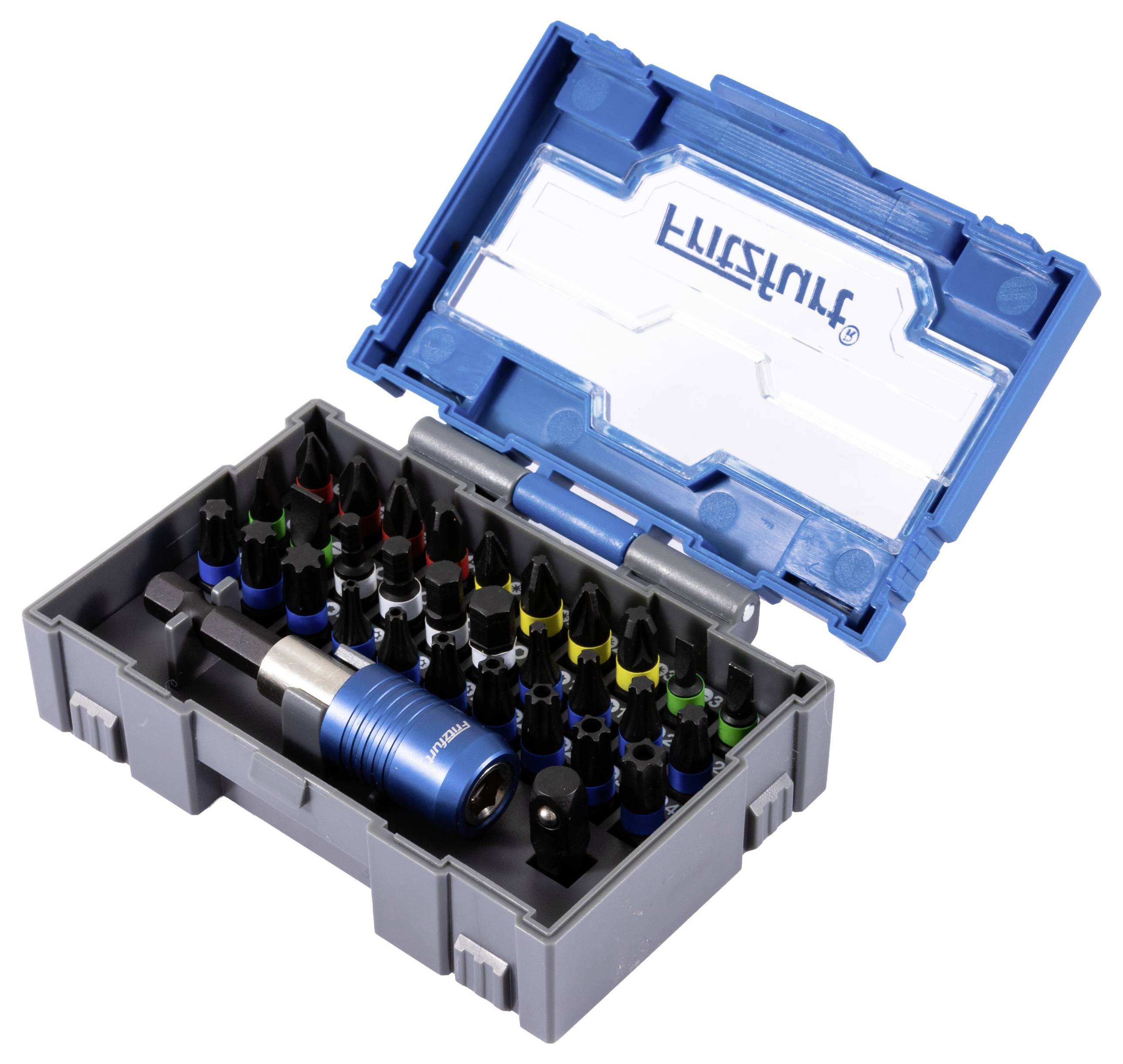 Un étui à outils bleu et gris contenant divers embouts de tournevis de différentes couleurs et une poignée, conçu pour des tâches mécaniques polyvalentes.