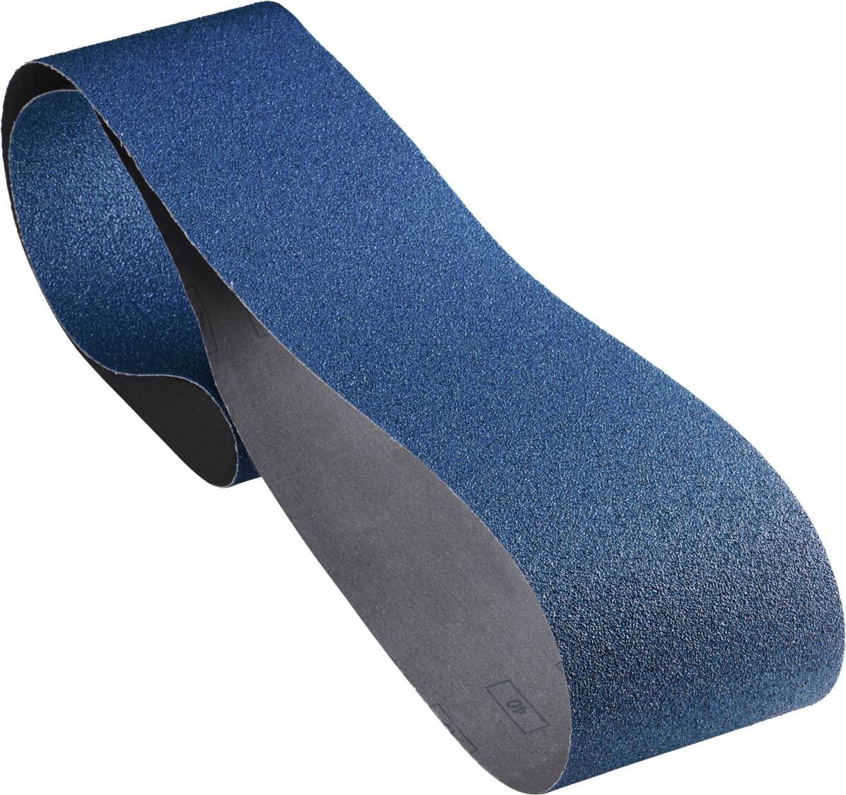 Bande abrasive sans fin en bleu avec un grain grossier, utilisée pour le travail du bois ou des métaux.