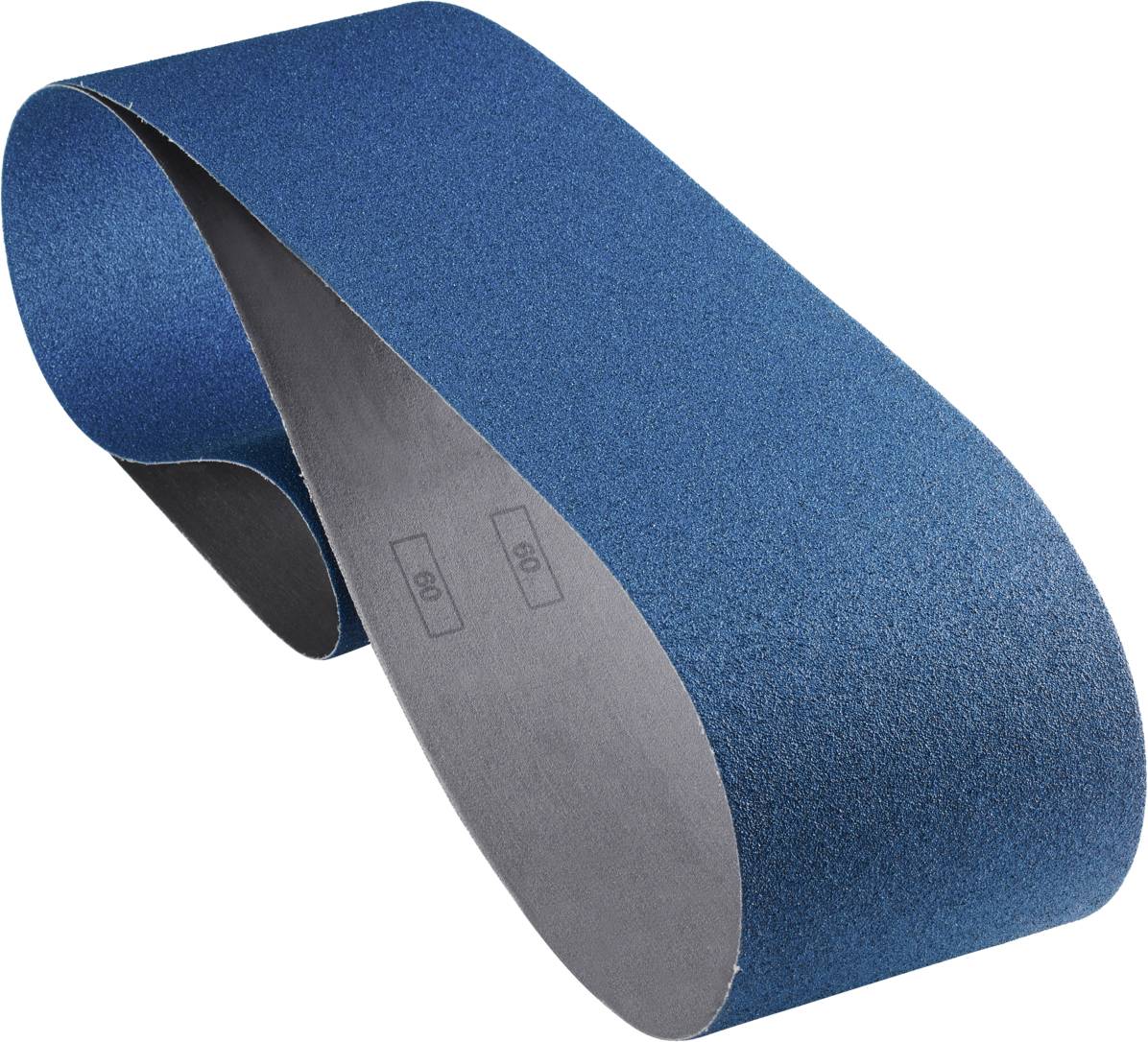 Bande abrasive à surface bleue grossière, adaptée aux ponceuses à bande, utilisée pour lisser les surfaces en bois ou en métal.
