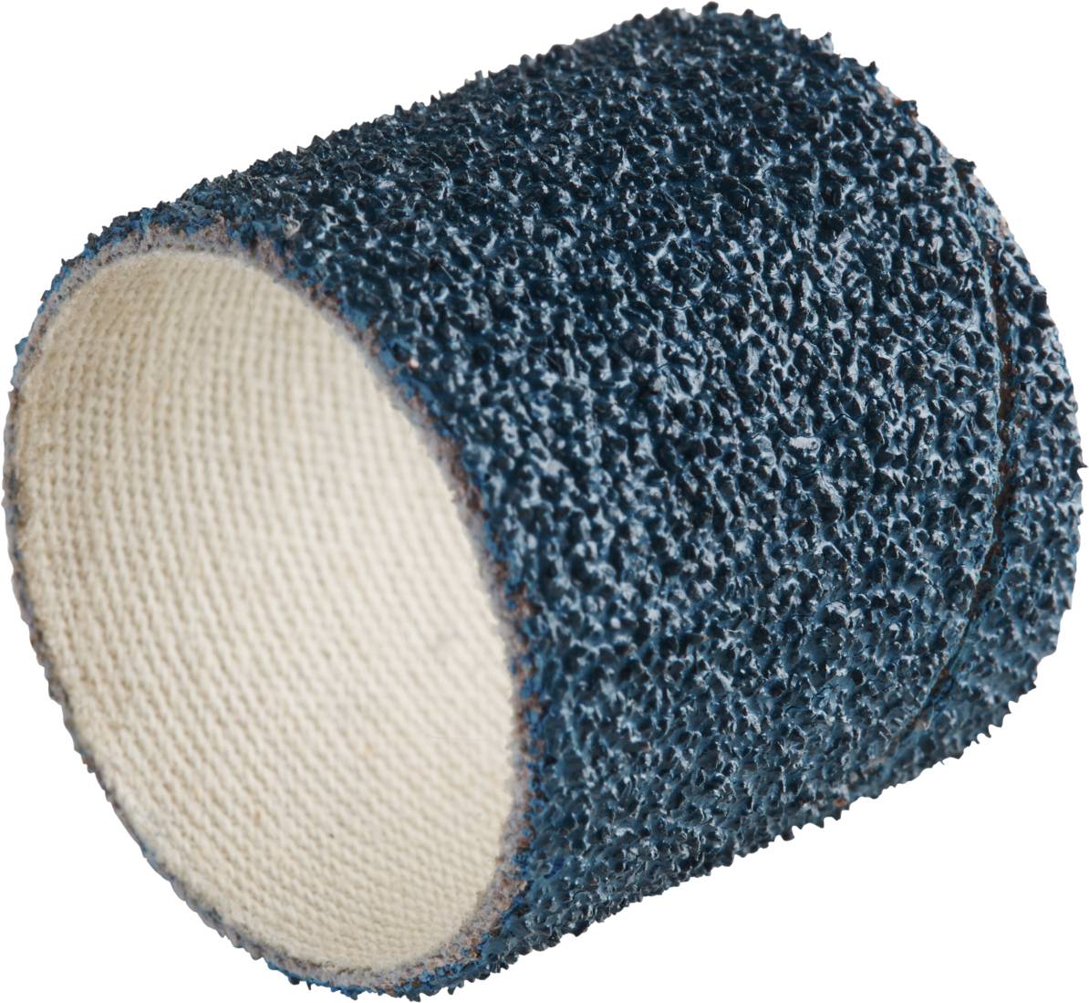 Une bande abrasive à grain grossier, de forme cylindrique, utilisée pour le traitement de surface en artisanat ou sur machines.