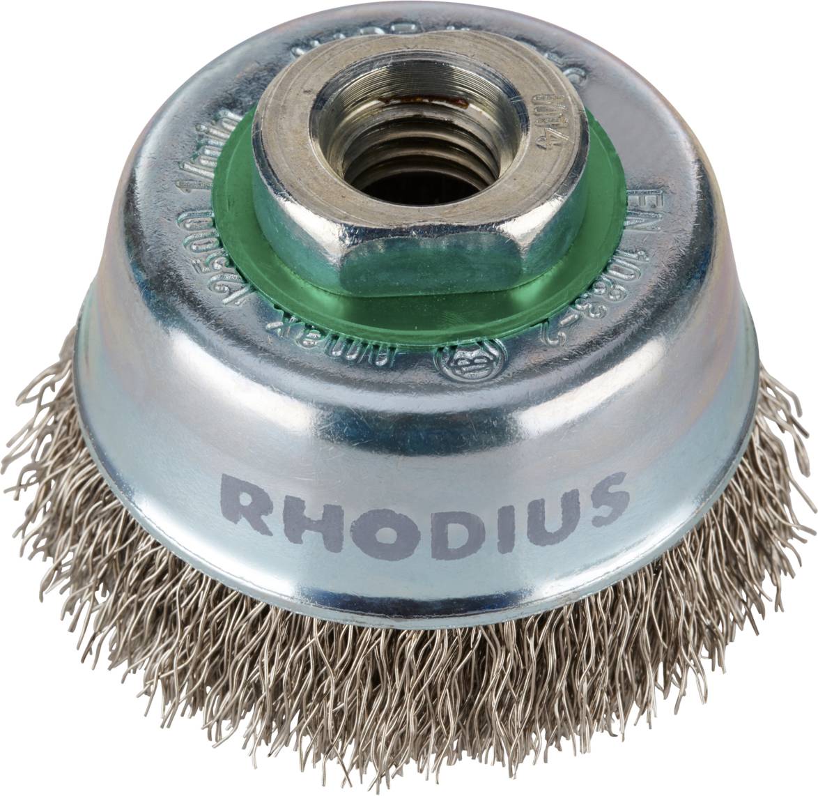 Embout de brosse métallique avec des poils en métal et l'inscription 'RHODIUS'. Adapté pour le nettoyage ou l'ébavurage de surfaces.