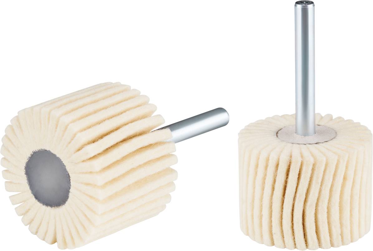 Deux disques de polissage en feutre avec manches métalliques, conçus pour être utilisés sur des supports de perceuse. Idéaux pour le polissage et le meulage de surfaces.
