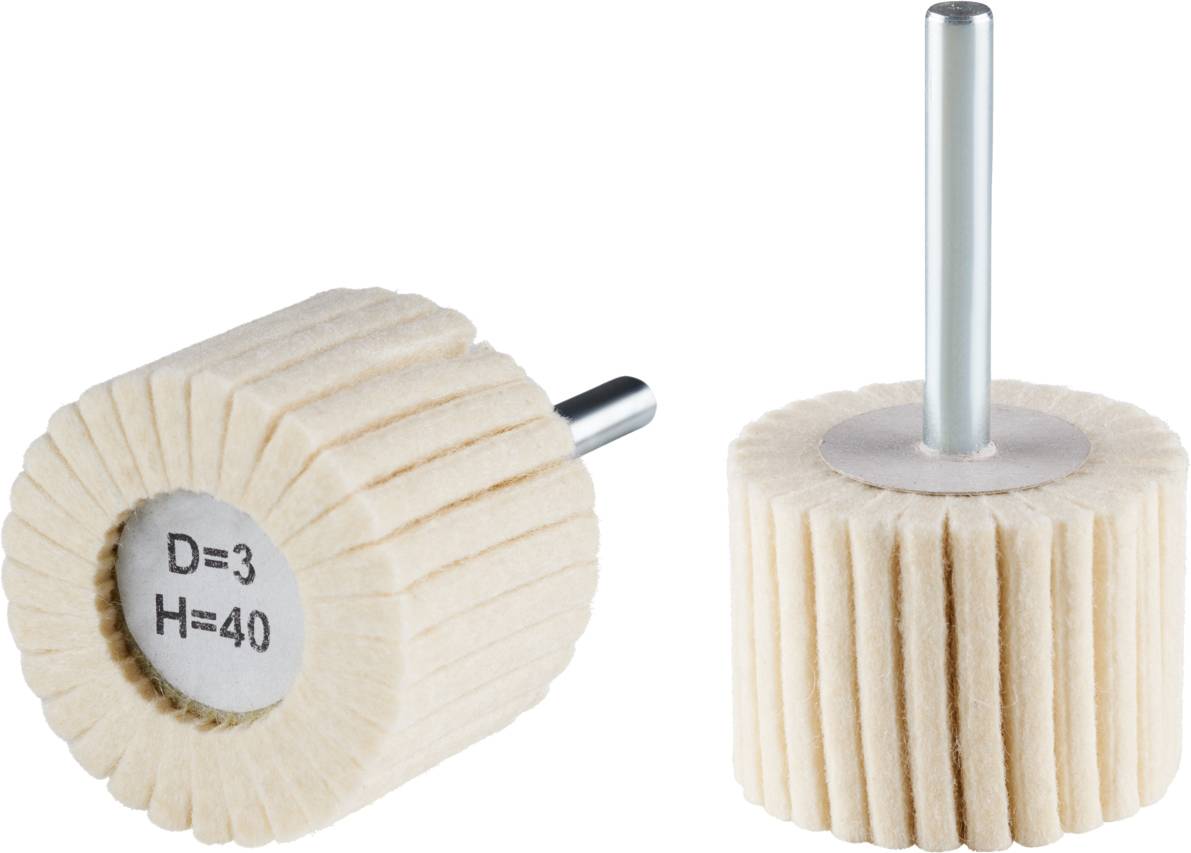 Deux outils de polissage en feutre avec arbre. À gauche, une étiquette indique les dimensions : 'D=3, H=40'. Les deux conviennent à une utilisation avec des machines.