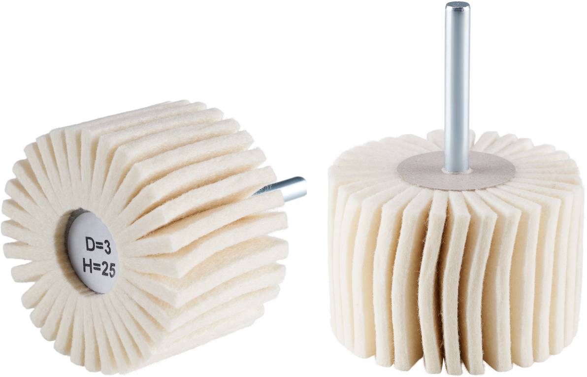 Deux disques de polissage blancs en feutre avec tige métallique, l'un montrant une vue latérale, l'autre vue de dessus.