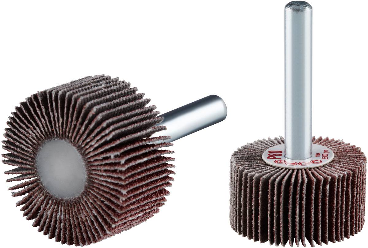 Deux roues à lamelles abrasives avec des manches en métal. Elles sont conçues pour le meulage et le polissage des surfaces.