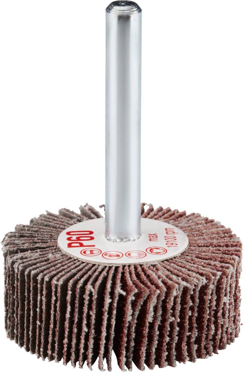 Un disque abrasif à lamelles verticales et à tige métallique, adapté aux travaux de finition sur surfaces.