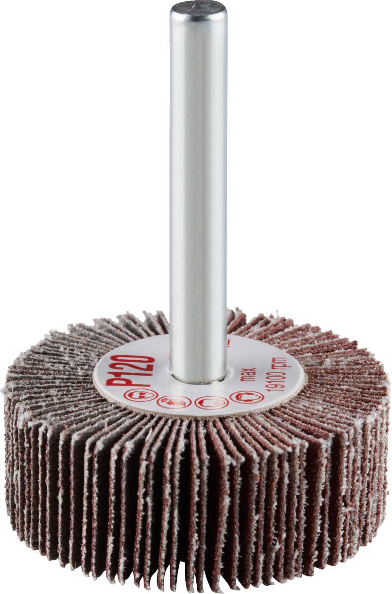 Roue à lamelles abrasives avec tige métallique. Composée de plusieurs lamelles abrasives disposées radialement autour d'un axe, destinée au polissage.