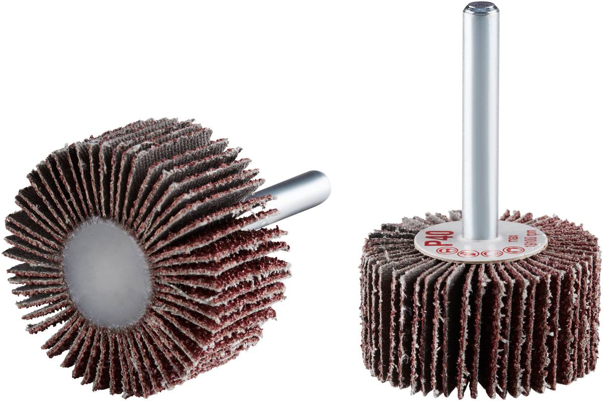 Deux feuilles abrasives avec tige, chacune composée de multiples lamelles disposées radialement, pour les travaux de ponçage.