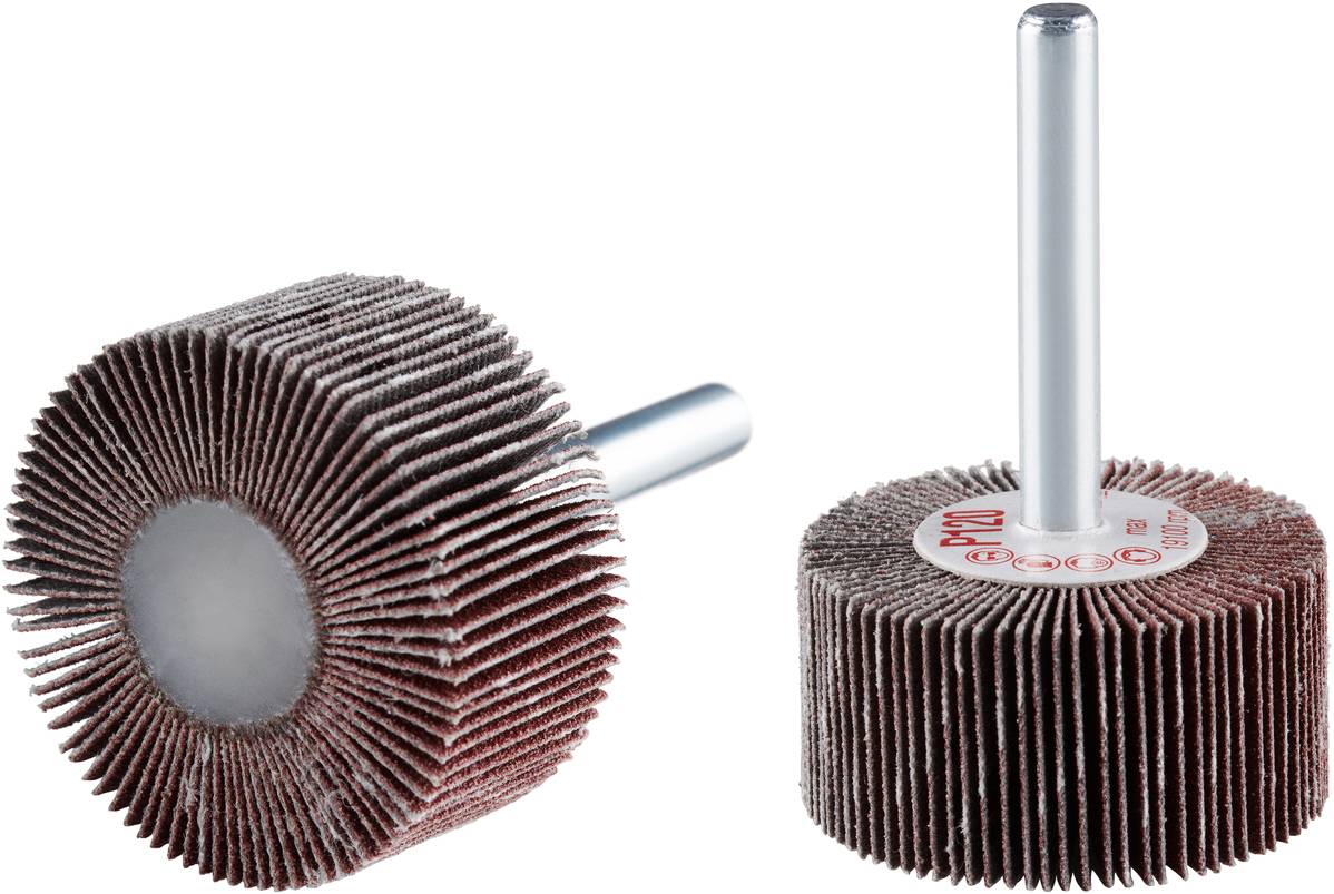 'Meuleuse à lamelles avec tige, disques abrasifs à grains grossiers, forme cylindrique. Adaptée pour l'usinage des métaux et les travaux de meulage.'