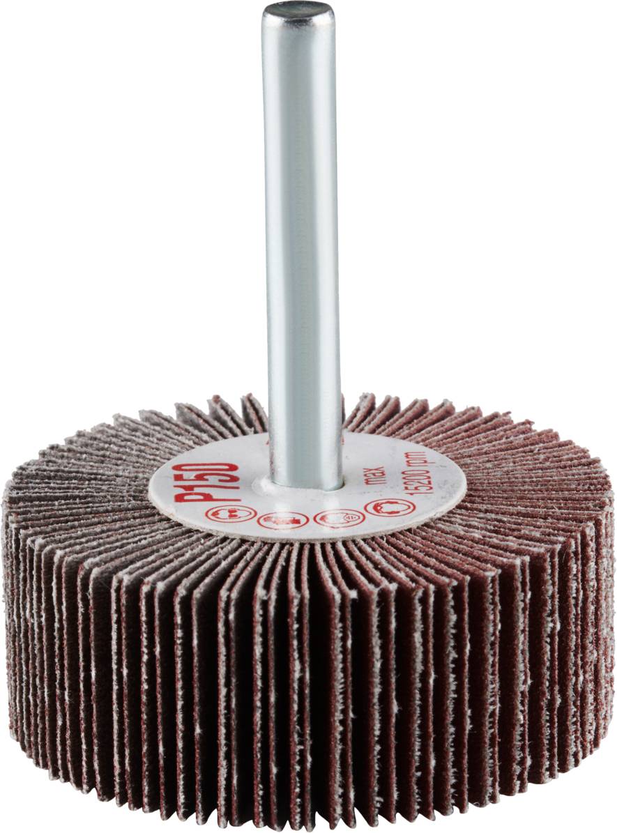 Accessoire de ponçage avec surface circulaire en forme deventail, composé de papier abrasif et d'une tige métallique. Adapté pour le traitement précis des surfaces.