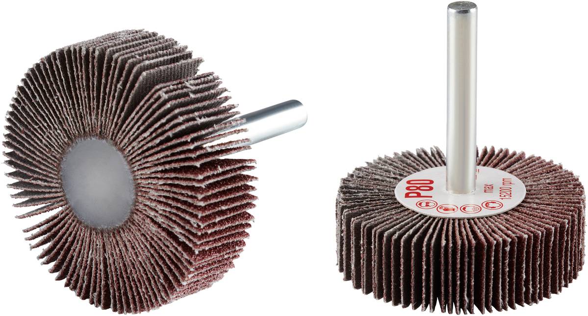 Deux meules abrasives en toile émeri avec un grain P80 sur un axe métallique, représentées de côté et de face.
