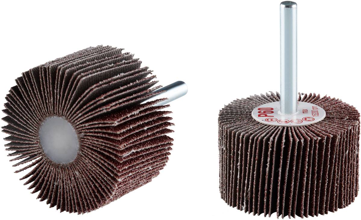 Deux roues à lamelles abrasives avec une tige métallique de fixation, lamelles brunes en papier abrasif. Adaptées aux travaux de polissage et de ponçage.