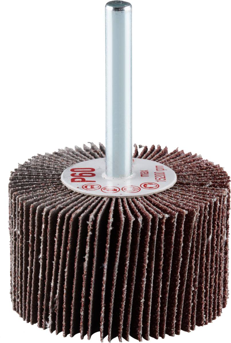 Disque de polissage avec tige métallique cylindrique, adapté pour le traitement et la finition de surfaces, utilisé dans les travaux de métallurgie et de menuiserie.