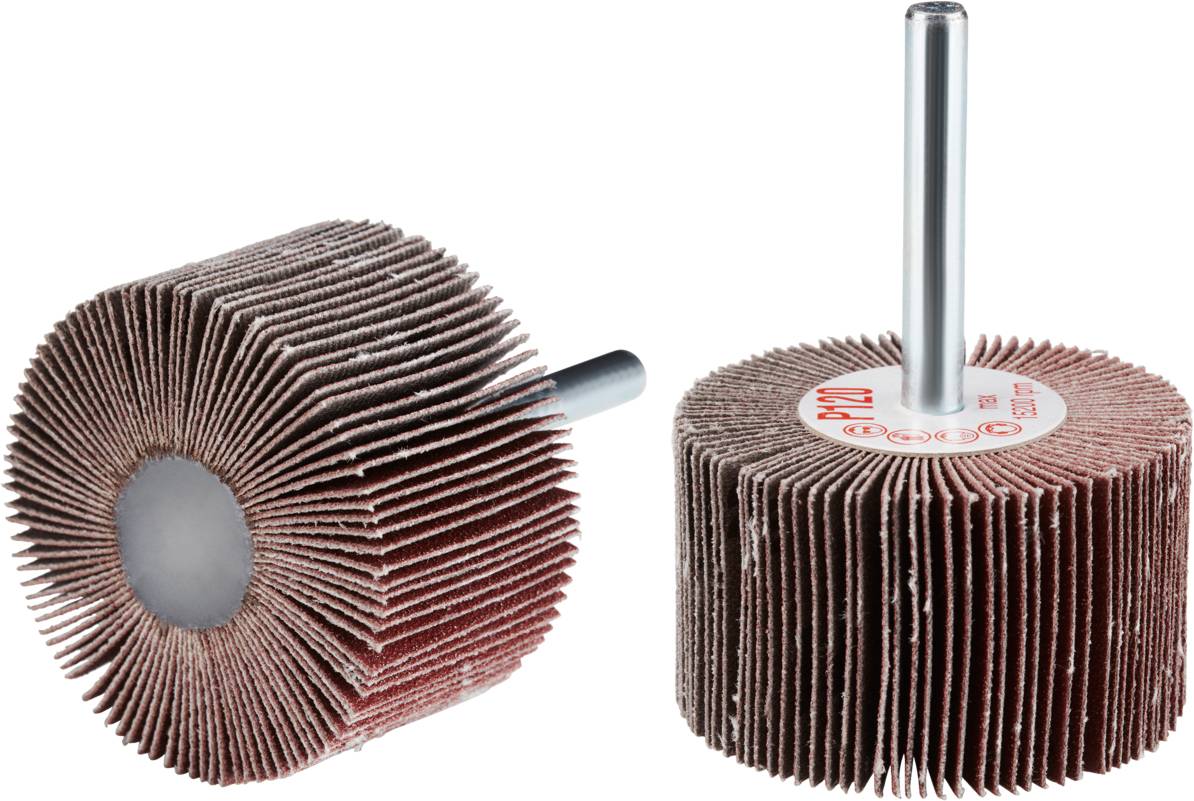 Deux rouleaux de meulage à tige métallique, utilisés pour le meulage de surfaces.