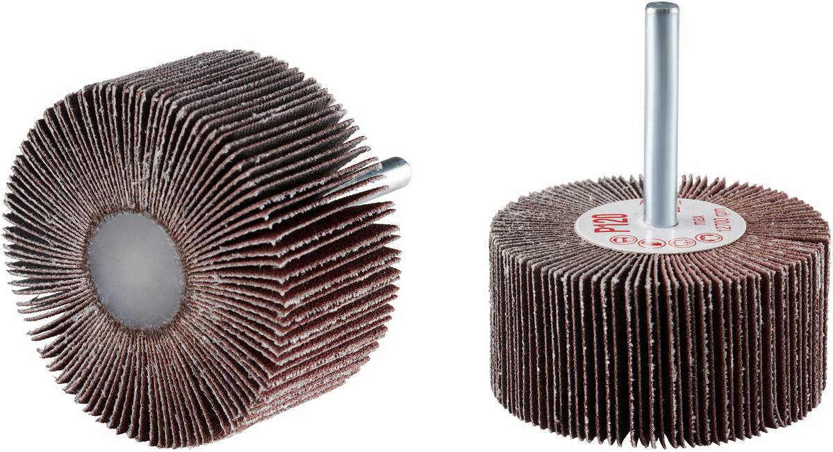 Deux meules à lamelles montrent un arrangement cylindrique de lamelles abrasives avec un arbre central, adaptées au polissage et au meulage.