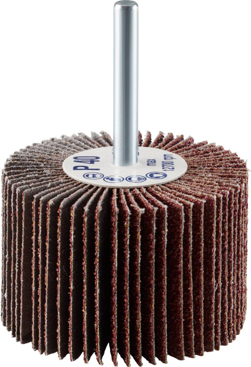 Un disque abrasif à structure lamellaire rouge avec tige métallique pour le polissage ou le ponçage, adapté aux perceuses.